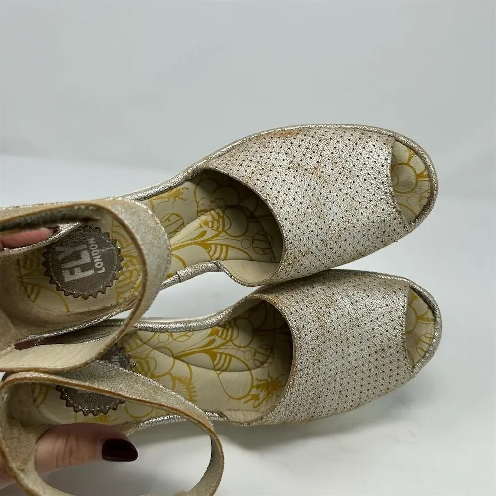 Fly London Women's Gold Wedge Sandals Size 37 (US 6-6.5) Adjustable Strap